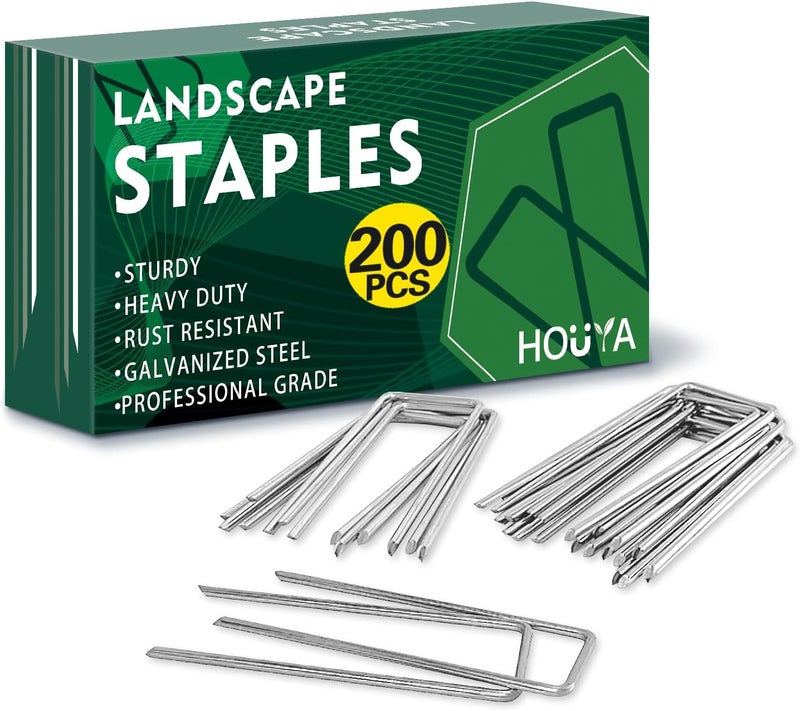Houya 200 Pack Landscape Staples 4 Inch 12 Gauge Garden Stakes Galvanized Garden Staples Ground Pins Anti-Rust Ground Stakes for Weed Barrier, Irrigation Tubing, Yard Lawn, Landscape Fabric - Image 1